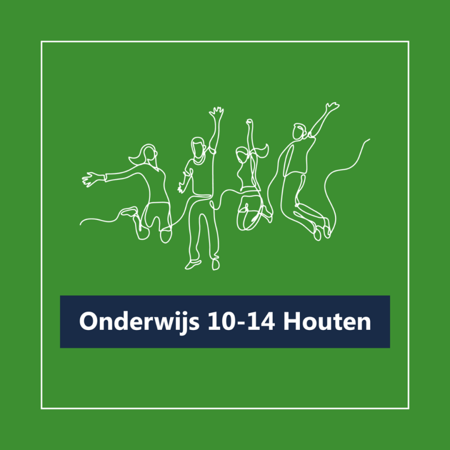 Logo onderwijs 10-14 Houten wit logo met groene achtergrond en tekst wit op blauw